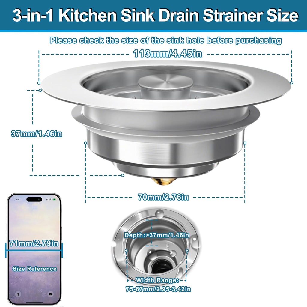 Sink Drain Strainer 3 in 1, 304 Stainless Steel Pop Up Kitchen Sink Stopper with Anti-Clogging Basket, Kitchen Essential Drain Anti-Clog Gadgets, Fits US Standard 3-1/2'' Sink Drain (Silver, 2 Pack)