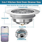 Sink Drain Strainer 3 in 1, 304 Stainless Steel Pop Up Kitchen Sink Stopper with Anti-Clogging Basket, Kitchen Essential Drain Anti-Clog Gadgets, Fits US Standard 3-1/2'' Sink Drain (Silver, 2 Pack)