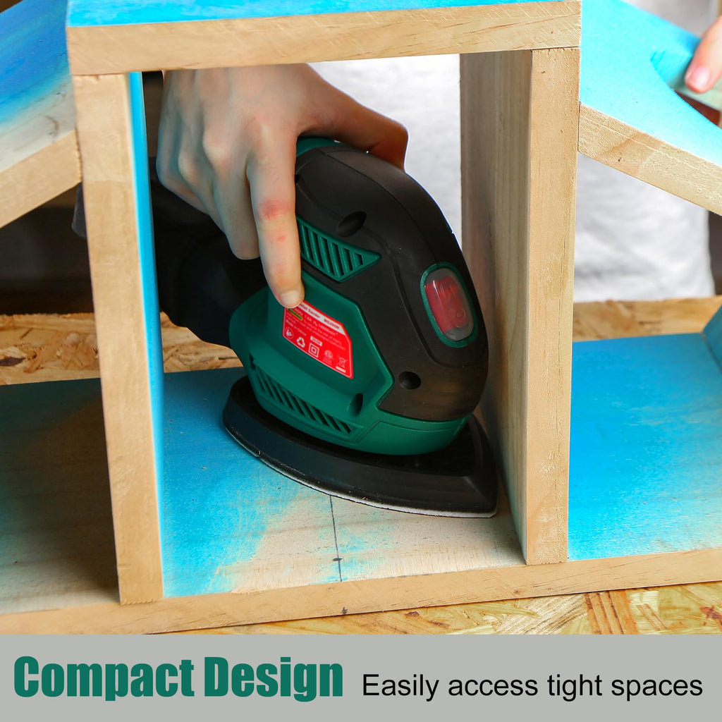 HYCHIKA Detail Sander, 14,000 OPM Compact Electric Sander Tool with 12 Pcs Sandpapers,Efficiency Dust Collection System,Suitable for Tight Spaces Sanding,Polishing,Removing Paint in Home Decoration