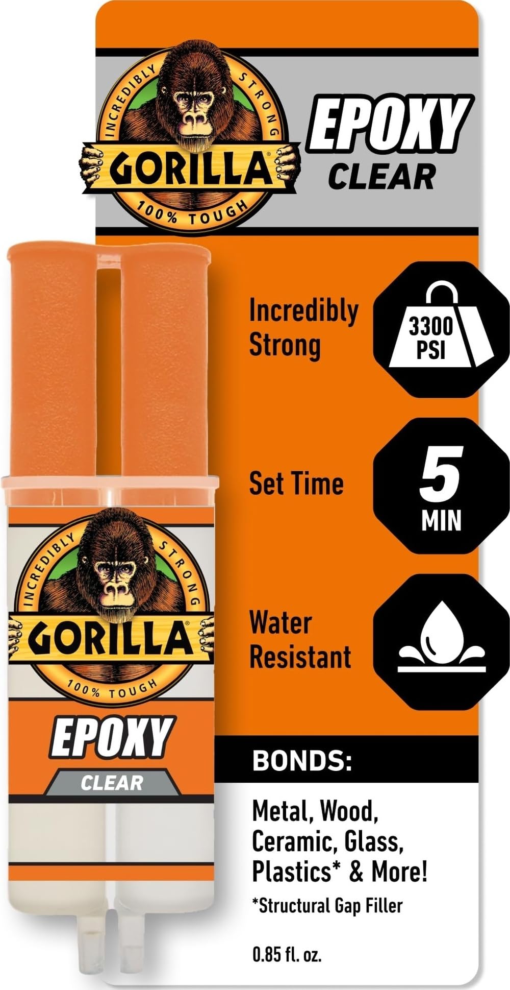 Gorilla 2 Part Epoxy, Incredibly Strong Bonding, 5 Minute Set, 0.85 oz