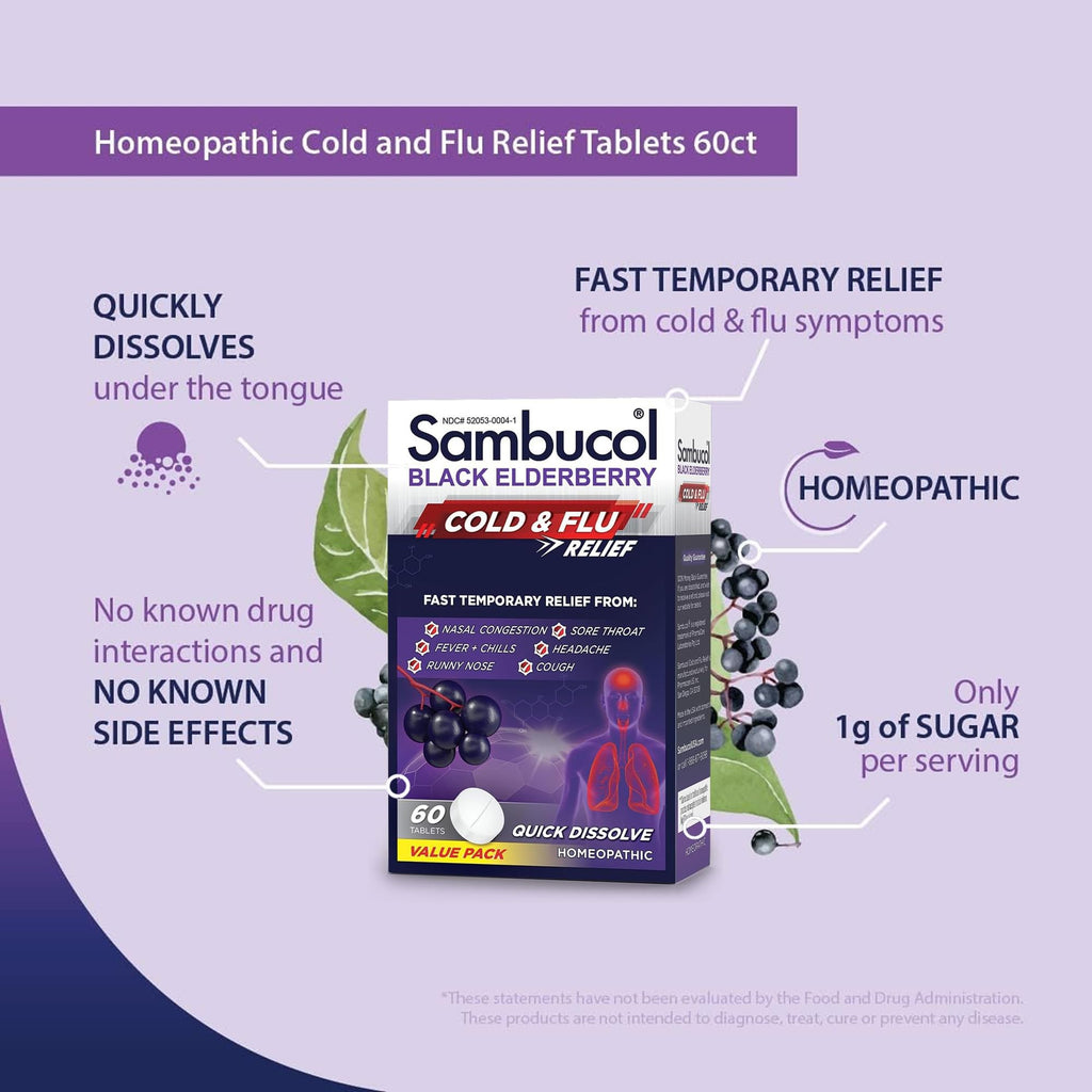 Sambucol Cold and Flu Relief Tablets - Homeopathic Black Elderberry Cold Medicine, Drowsy Free Remedy for Adults with Zinc, Quick-Dissolving Tablets for Men and Women - 60 Count