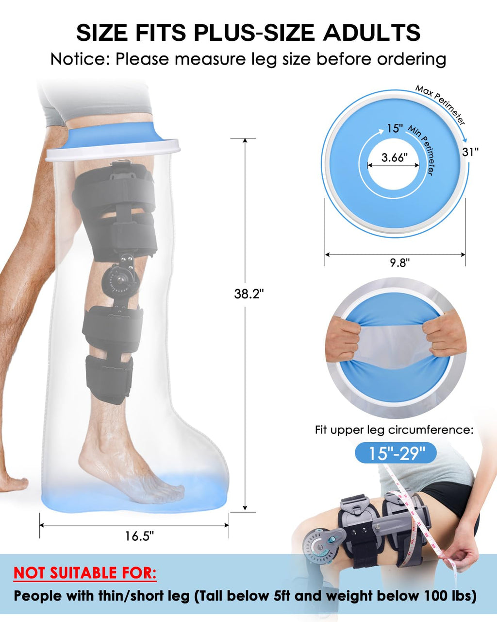Waterproof Extra Wide Full Leg Cast Cover for Shower with Non-Slip Bottom, Extra Large Watertight Leg Cast Protector for Thigh Foot Ankle Surgery Wounds, Knee Immobilizer/Brace, Walking Boots,Reusable