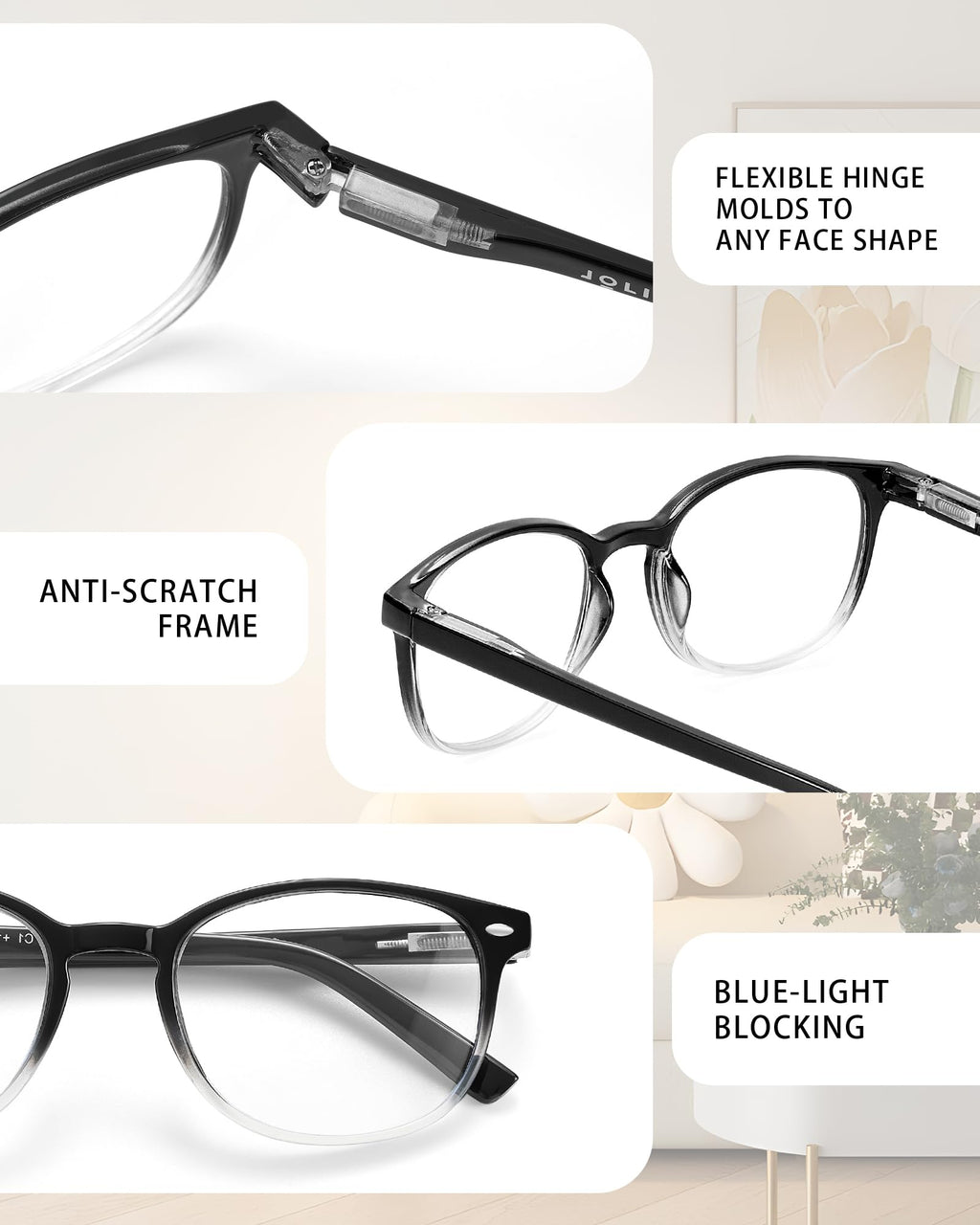 JOLISU 5 Pack Reading Glasses For Women, Blue Light Blocking Computer Reader Spring Hinge Eyeglasses (1.50)