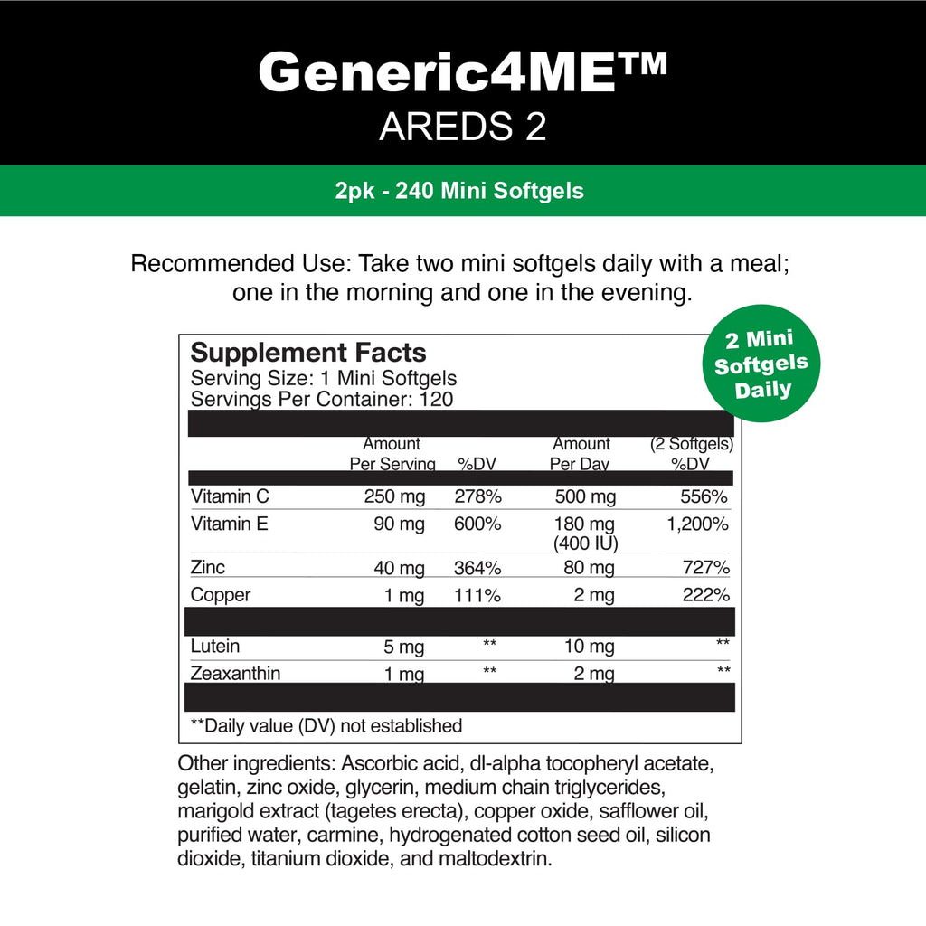 GENERIC4ME AREDS 2 SoftGels, 500 mg Vitamin C, 400 IU Vitamin E, 10 mg Lutein, 2 mg Zeaxanthin, 80 mg Zinc, 2 mg Copper - Supports Eye Health - 120 Mini SoftGels (Two Month Supply)