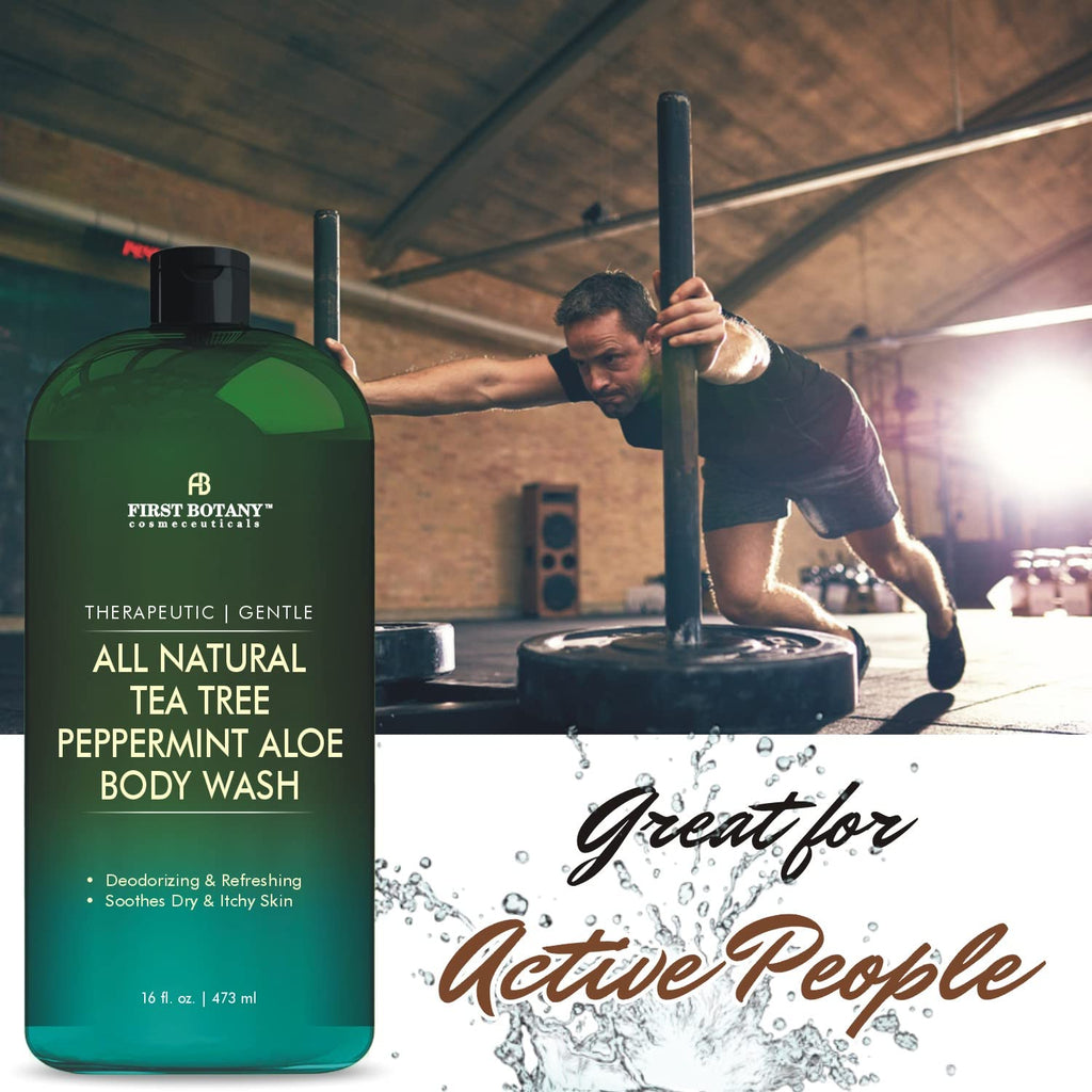 First Botany, ALL Natural Body Wash - Fights Body Odor, Athletes Foot, Jock Itch, Nail Issues, Dandruff, Acne, Eczema, Shower Gel for Women & Men, Skin Cleanser -16 fl oz (Tea Tree Mint)