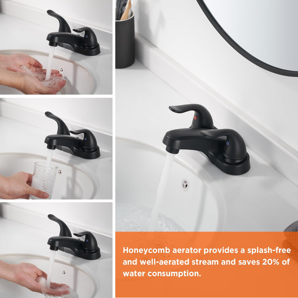 Bathroom Sink Faucets 2/3 Hole,Matte Black Dual Handles 4 inch Plastic Plating Over Bathroom Faucet with Pop-up Drain and 2 Supply Hoses for Apartment Rvs Sink Vanity
