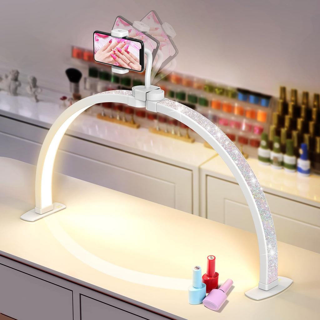 Yokilly Half Moon Light for Nail Desk: 29" Foldable Half Moon Desk Lamp with Phone Holder for Beginner - Arch Nail Tech Light with 3 Color Modes & 10 Brightness for Manicure Salon (Diamond, Large)