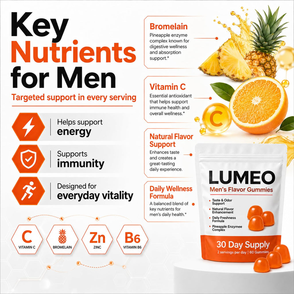 KWEZTY Lumeo Men’S Flavor Gummies, Lumeo Gummies, with Bromelain, Vitamin C, Enhances Taste & Scent Naturally, Energy & Vitality Support, Non-GMO, Gluten-Free, 60 Gummies