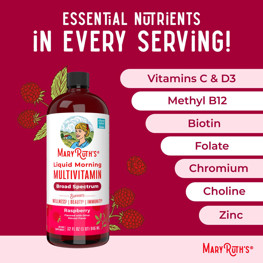 MARYRUTH'S Liquid Morning Multivitamin for Women, Men & Kids | Vitamin A C D E B6 B12 Biotin Zinc | Beauty | Vegan | Non-GMO | Gluten Free | 32 Servings