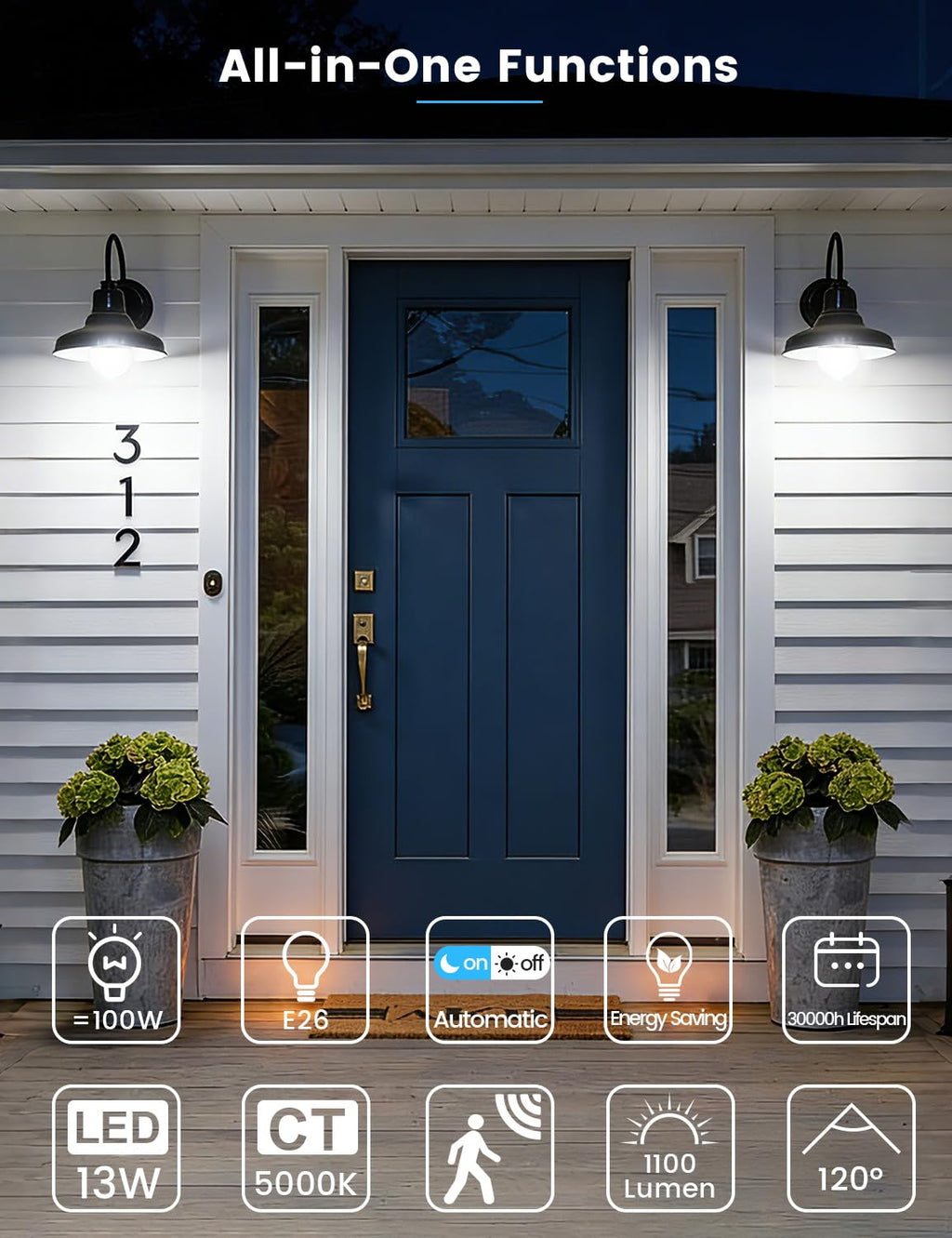 Torkase Motion Sensor Light Bulbs, E26 Dusk to Dawn Activated Security