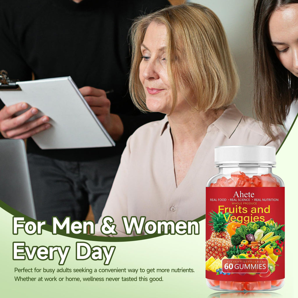 Ahete Fruit and Veggies Supplement, Vitamin A C E with 30+ Super Green Supplement for Women, Men and Kids, 60 Gummies, 30 Day Supply
