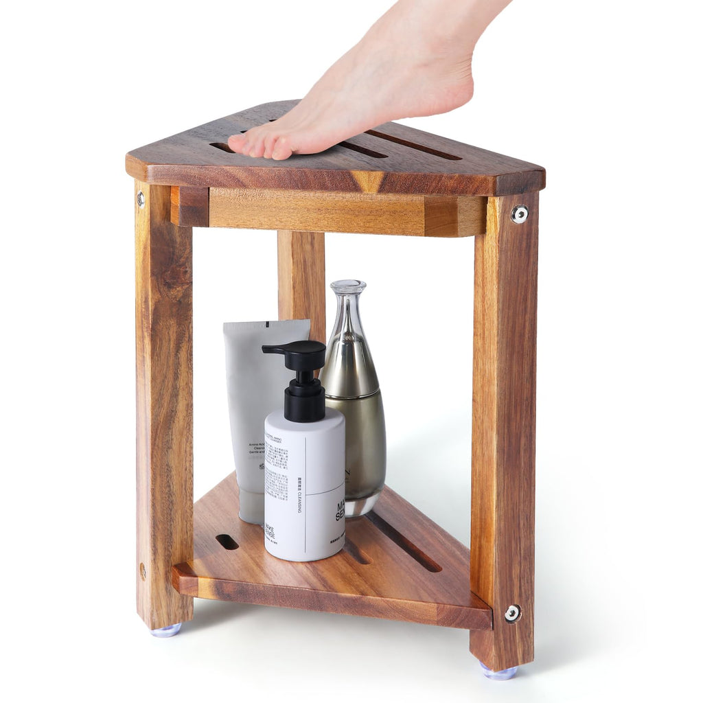 Yaoyiizy Shower Foot Rest 13.5in, Acacia Wood Shower Stool for Shaving Legs, Small Foot Stool with Storage Shelf, for Inside Small Shower Spaces