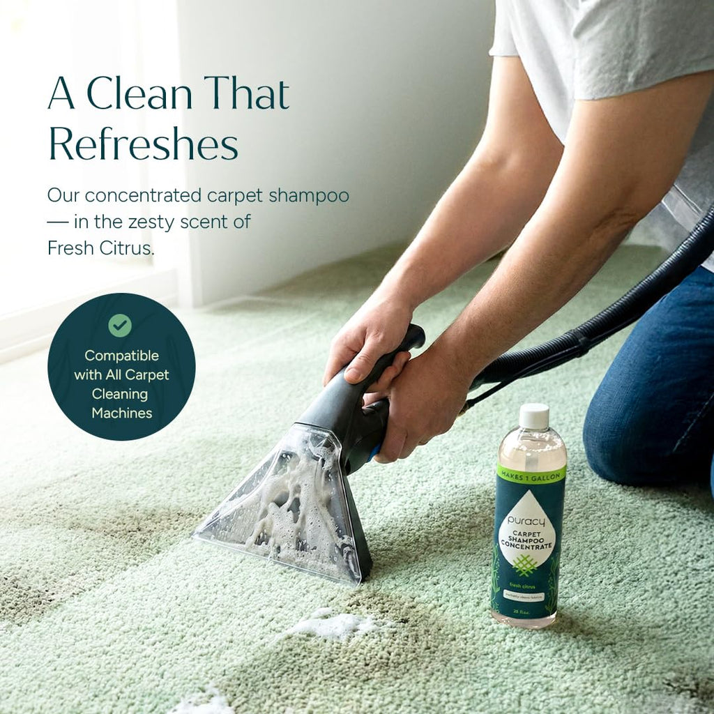 Puracy Carpet Cleaner Solution - Carpet Shampoo, Pet Stain & Odor Remover, Rug & Upholstery Cleaner, 4X Concentrated, Low Foam Shampooer Formula, Fresh Citrus, 25oz
