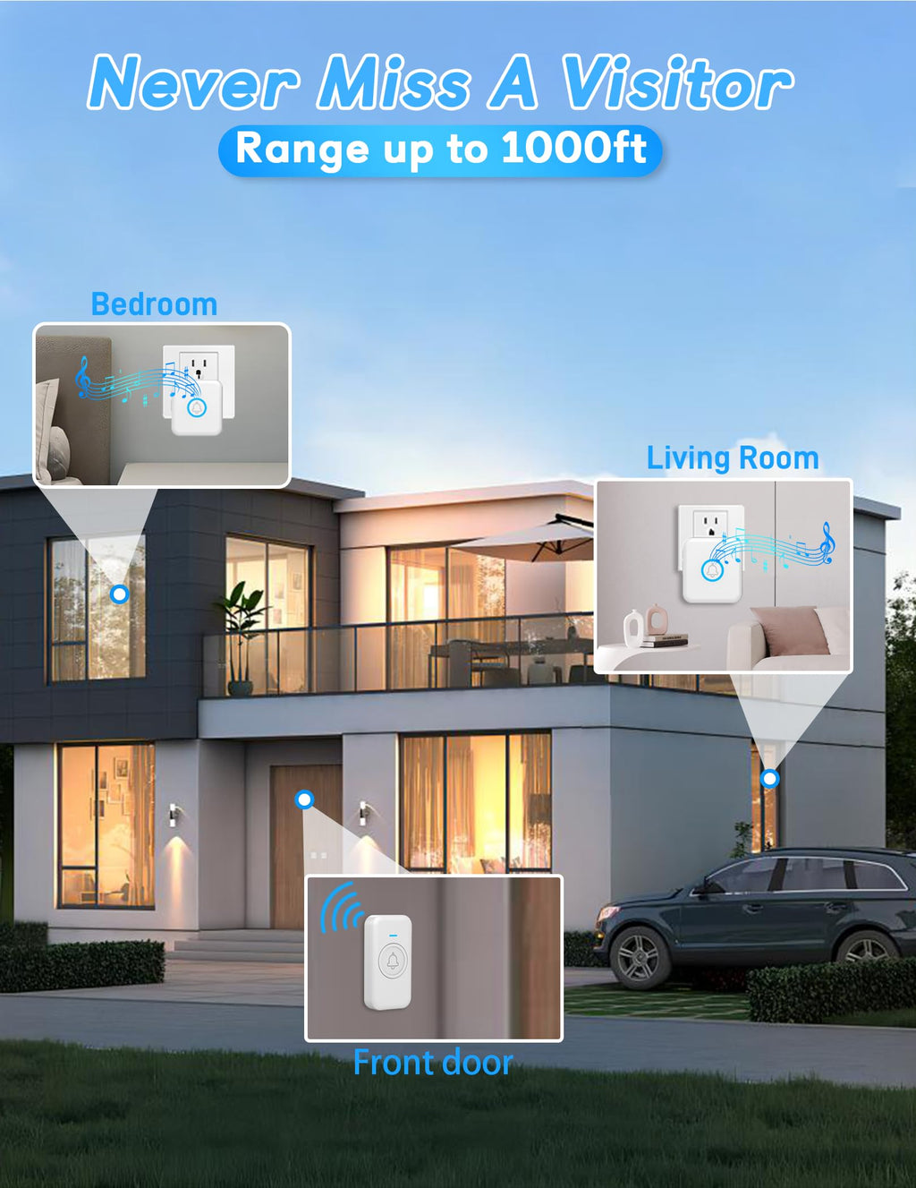 FOVKSUC Wireless Doorbell, Classroom Doorbell, with 60 Chimes 5 Levels Volume and LED Flash, 1000ft Range Waterproof Door Bells for Homes Office Hospital (2 Receivers + 1 Button, White, U.S. Plug)