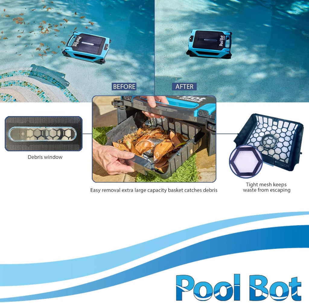 The Original Pool Bot™ Skimmer | Solar Surface Cleaner | Solar Pool Automatic Next Gen Avoidance System | All Day Runtime | Large Capacity Basket