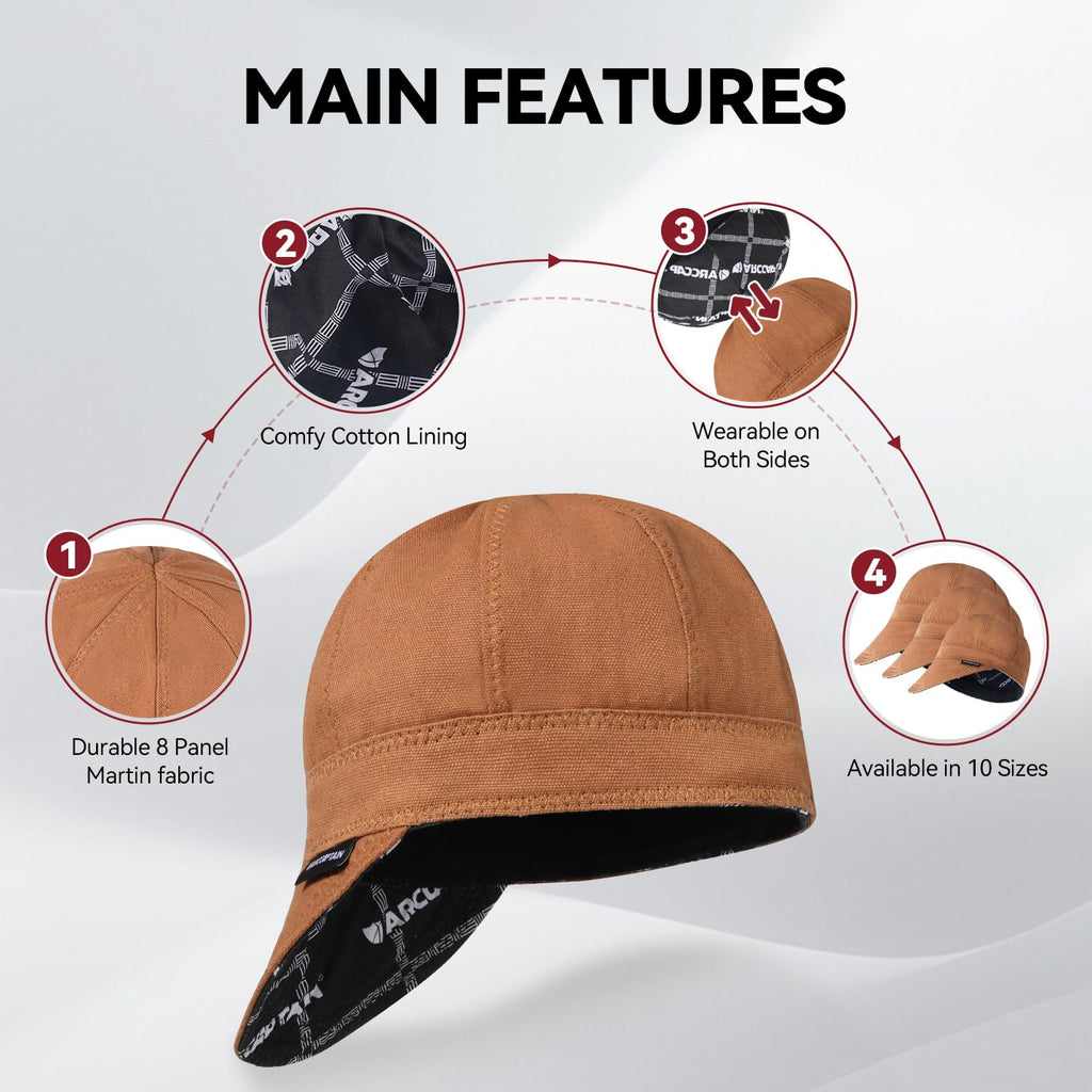 ARCCAPTAIN Reversible Welding Cap, 8 Panel Protective Welders Cap, 10 oz Fireproof Cotton Comforts for Safety and Protection While Welding to Men Women, Khaki, 7 5/8
