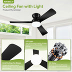 ZOUQILAI Ceiling Fans with Lights - 42 Inch Low Profile Ceiling Fan with Light and Remote, Reversible DC Motors, 3CCT Dimmable Timer Noiseless, Black Flush Mount Ceiling Fan for Bedroom/Living Room