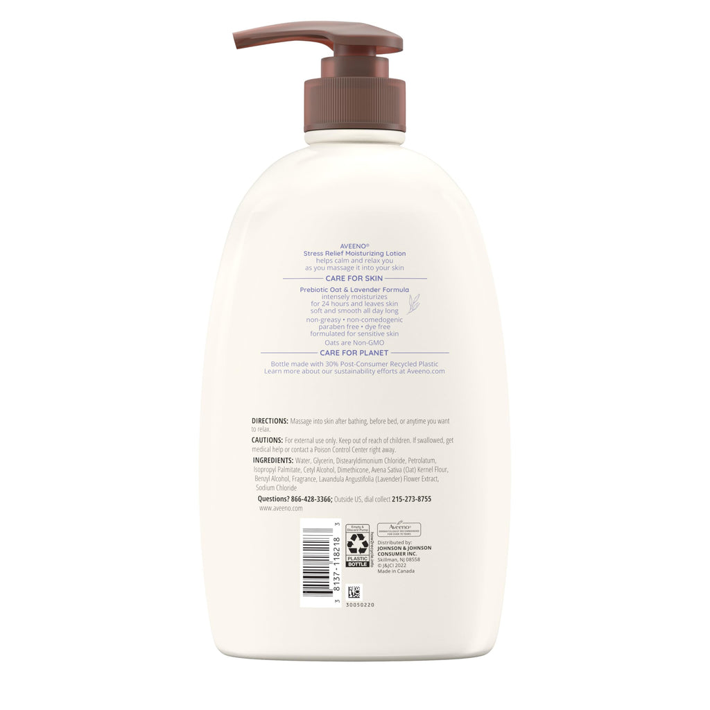 Aveeno Stress Relief Moisturizing Body Lotion with Prebiotic Oat & Lavender Scent for Sensitive Skin, Calms & Relaxes with 48 Hour Hydration, Fast Absorbing & Non-Greasy, 33 fl. oz