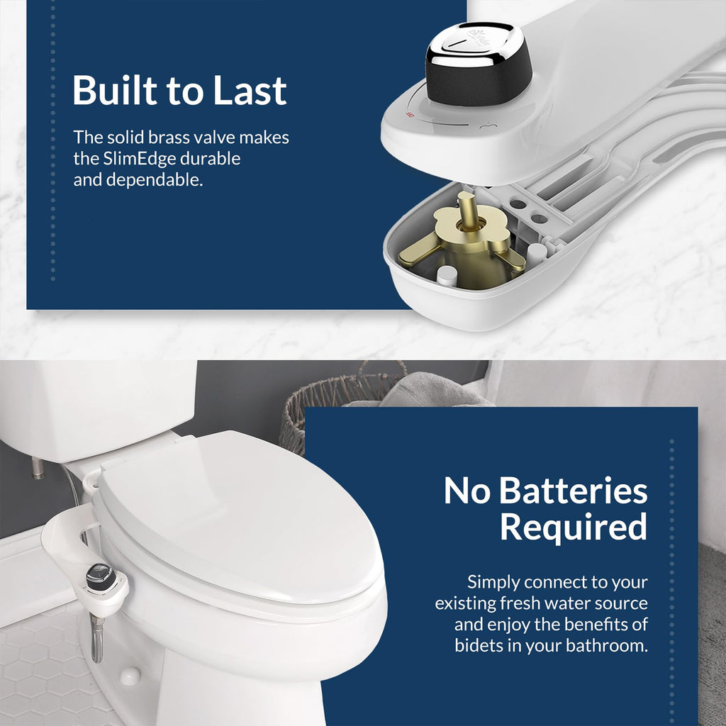 Bio Bidet SlimEdge Bidet Attachment for Toilet, Non Electric, Dual Nozzles for Front and Rear Cold Water Wash, Adjustable Water Pressure, White