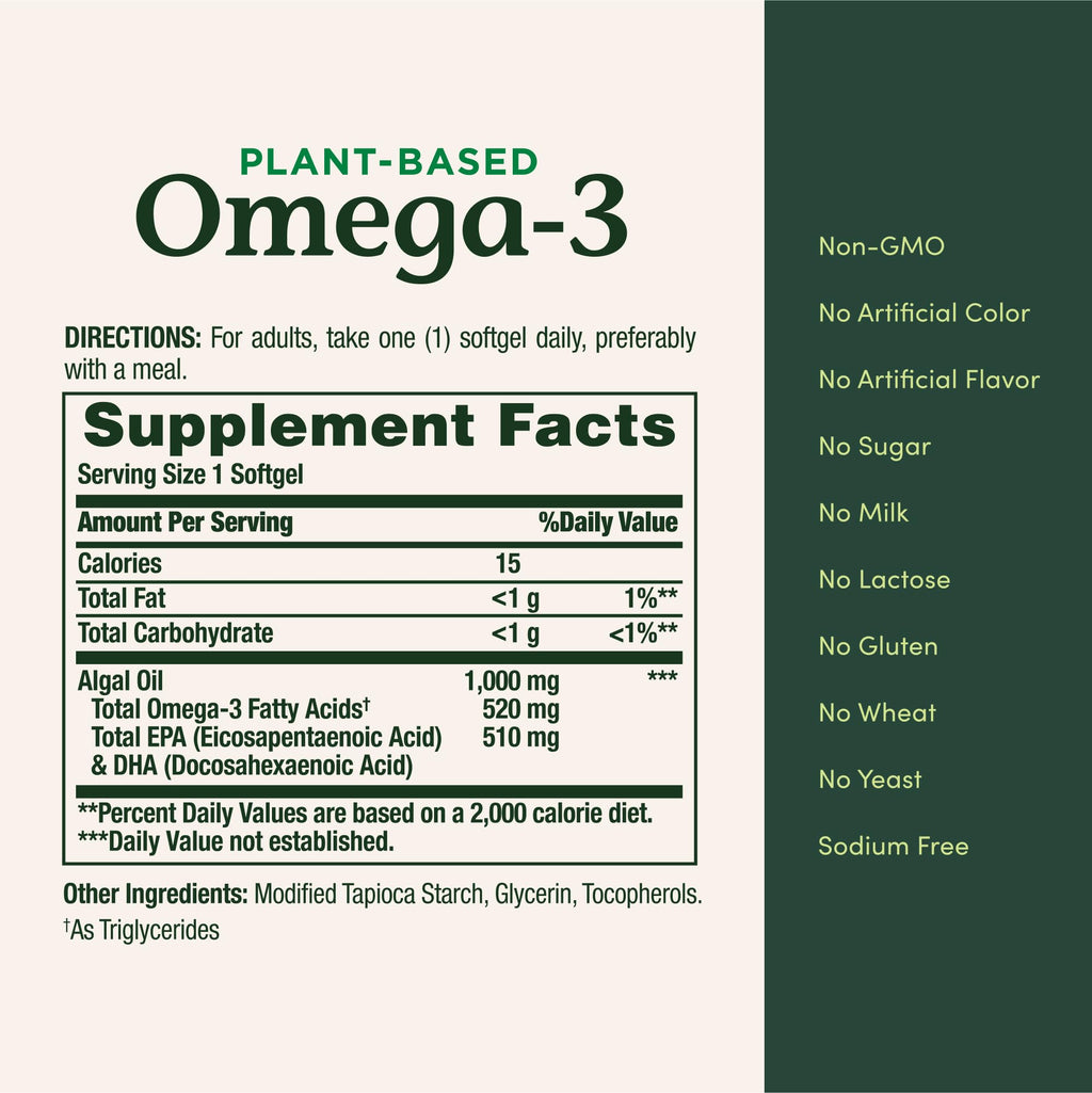 Nature's Bounty Omega 3,Plant-Based Omega 3 Fatty Acid Supplement,520mg,Supports Whole Body Health Including Heart,Skin,Joint,30 Vegetarian Softgels,Fish Oil Alternative,(Pack of 3)