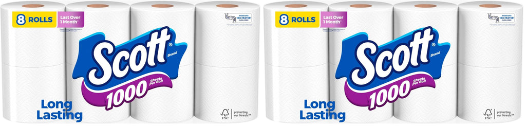 Scott Toilet Paper, 1-Ply, 8 Rolls | Septic-Safe | Pack of 2