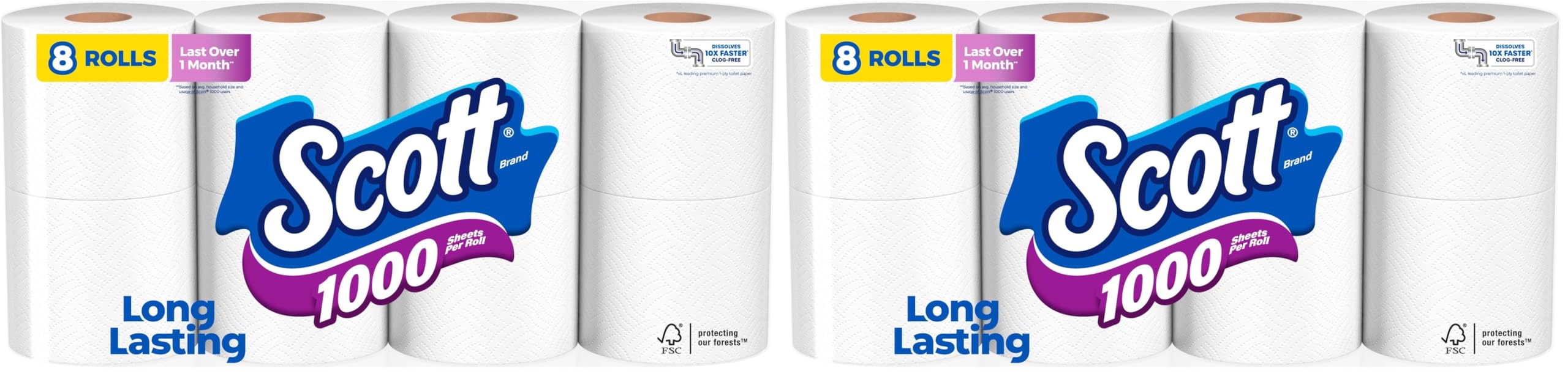 Scott Toilet Paper, 1-Ply, 8 Rolls | Septic-Safe | Pack of 2