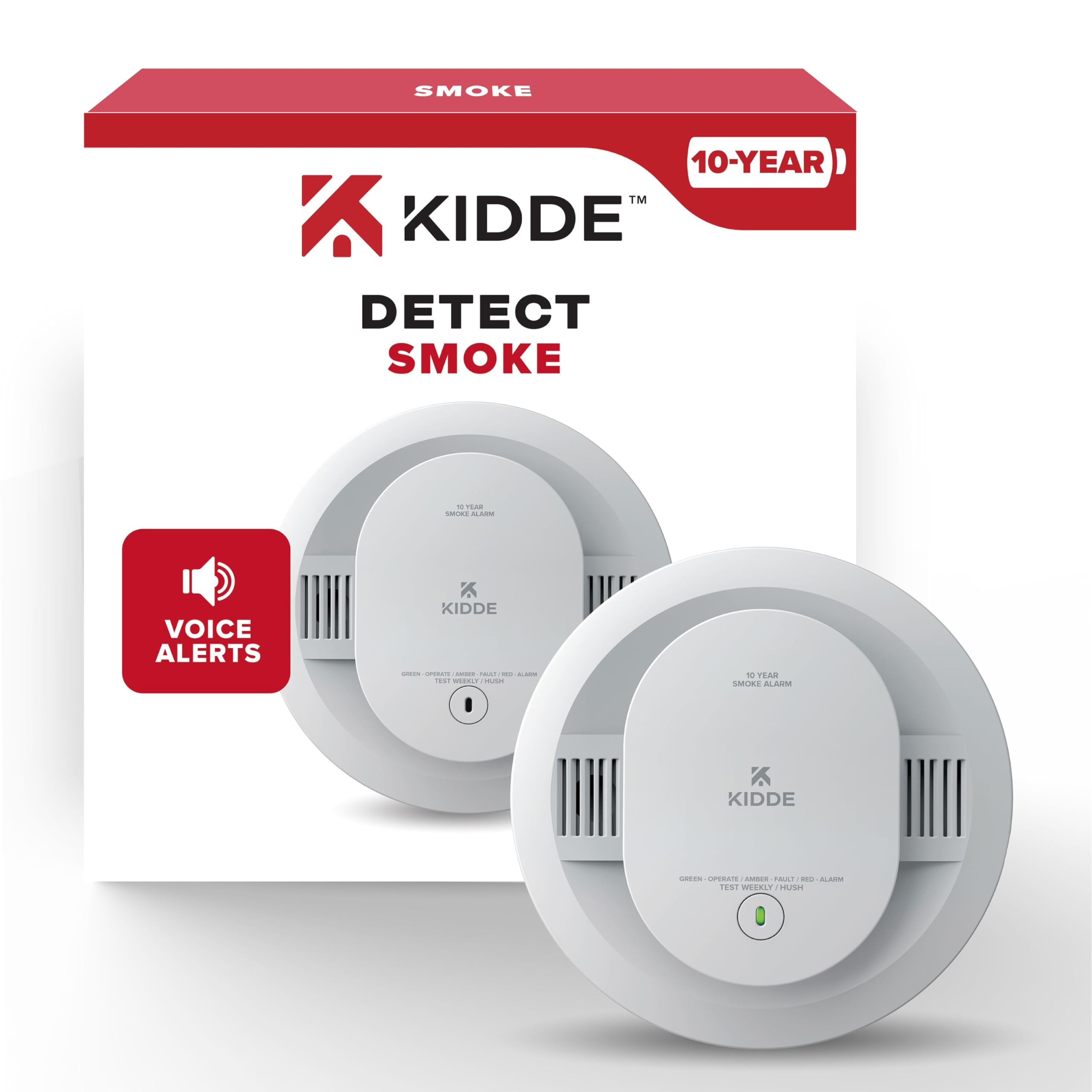 Kidde Smoke Detector, 10-Year Battery Powered, with Voice Alerts, LED Status Lights, 85 dB Alarm, 5-inches, 20SD10-V, 1 Pack