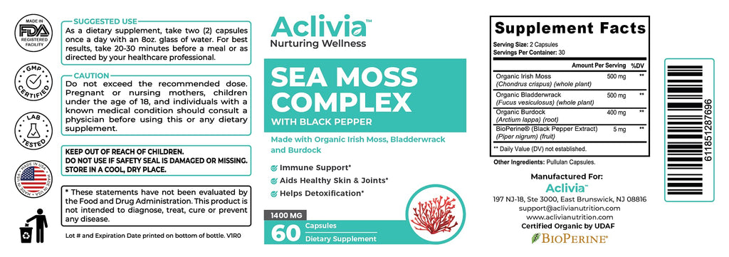 Aclivia - Organic Irish Sea Moss Capsules with Bladderwrack & Burdock Root - 102 Minerals Sea Moss Supplement - Thyroid Support, Immune Boost - Non-GMO (60 Count)