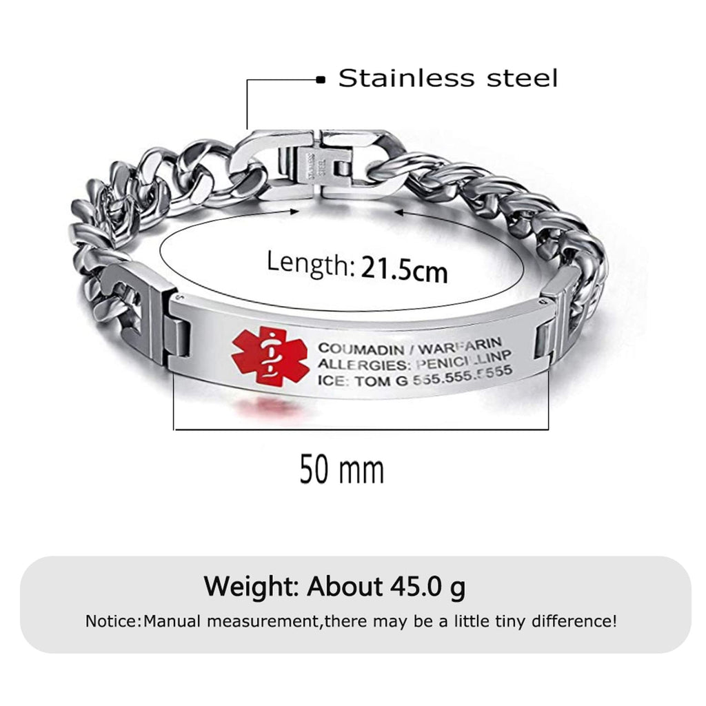 Giftider Custom Medical Alert Bracelet Engraved Emergency ID Stainless Steel Bracelets for Adults Men Women 7.5-8.5-9.8 Inch