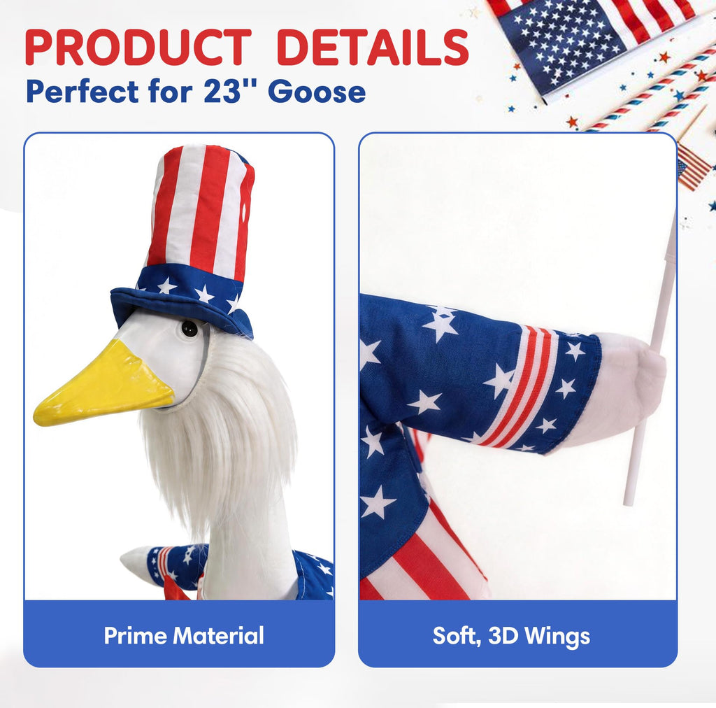 Flying Childhood 4th of July Porch Goose Outfit, 23’’ Lawn Goose Statue Uncle Sam Patriotic Geese Costume, Independence Day Yard Goose Clothes for Garden Patio US 250th Anniversary Decoration
