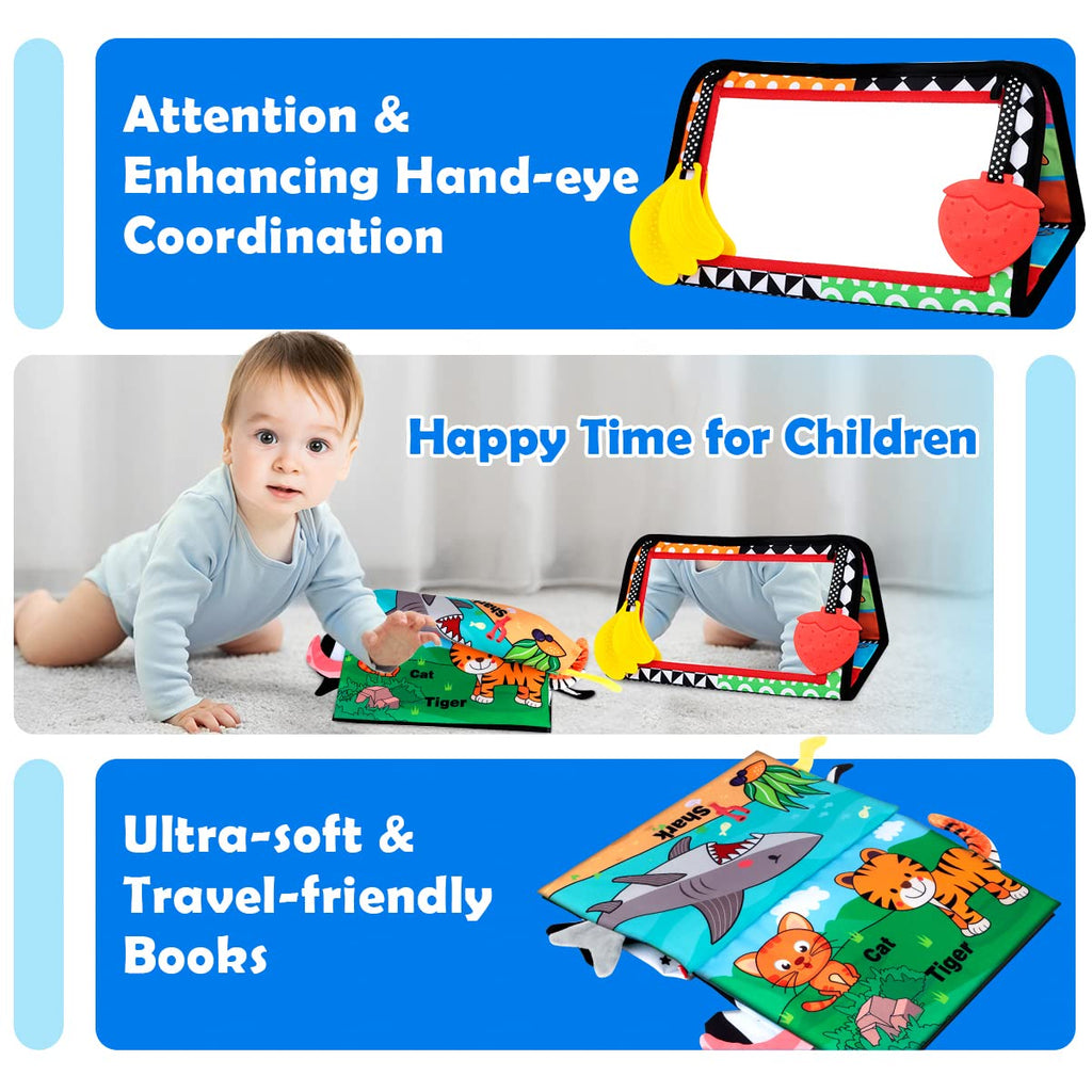 Baby Toys 0-6 Months - Tummy Time Toy Baby Mirror Infant Toys with Cloth Book - Black and White High Contrast Baby Toy for Newborn - Montessori Sensory Toy 0 2 3 4 5 6-12 Months Boy Girl Shower Gifts