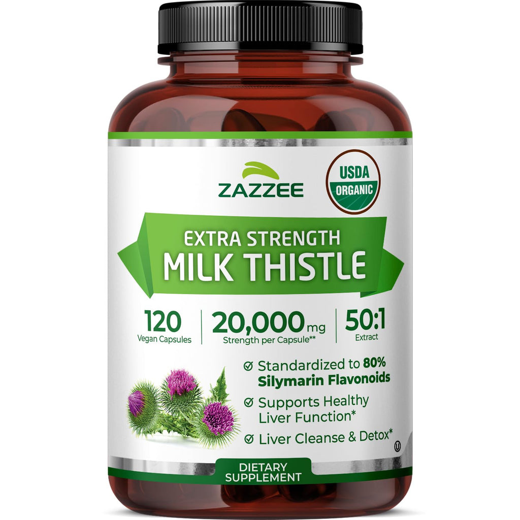 Zazzee USDA Organic Milk Thistle 50:1 Extract, 80% Silymarin Flavonoids, 120 Vegan Capsules, 4 Month Supply, Certified Kosher, Silybum Marianum, Liver Support & Detox Support, All-Natural, Made in USA