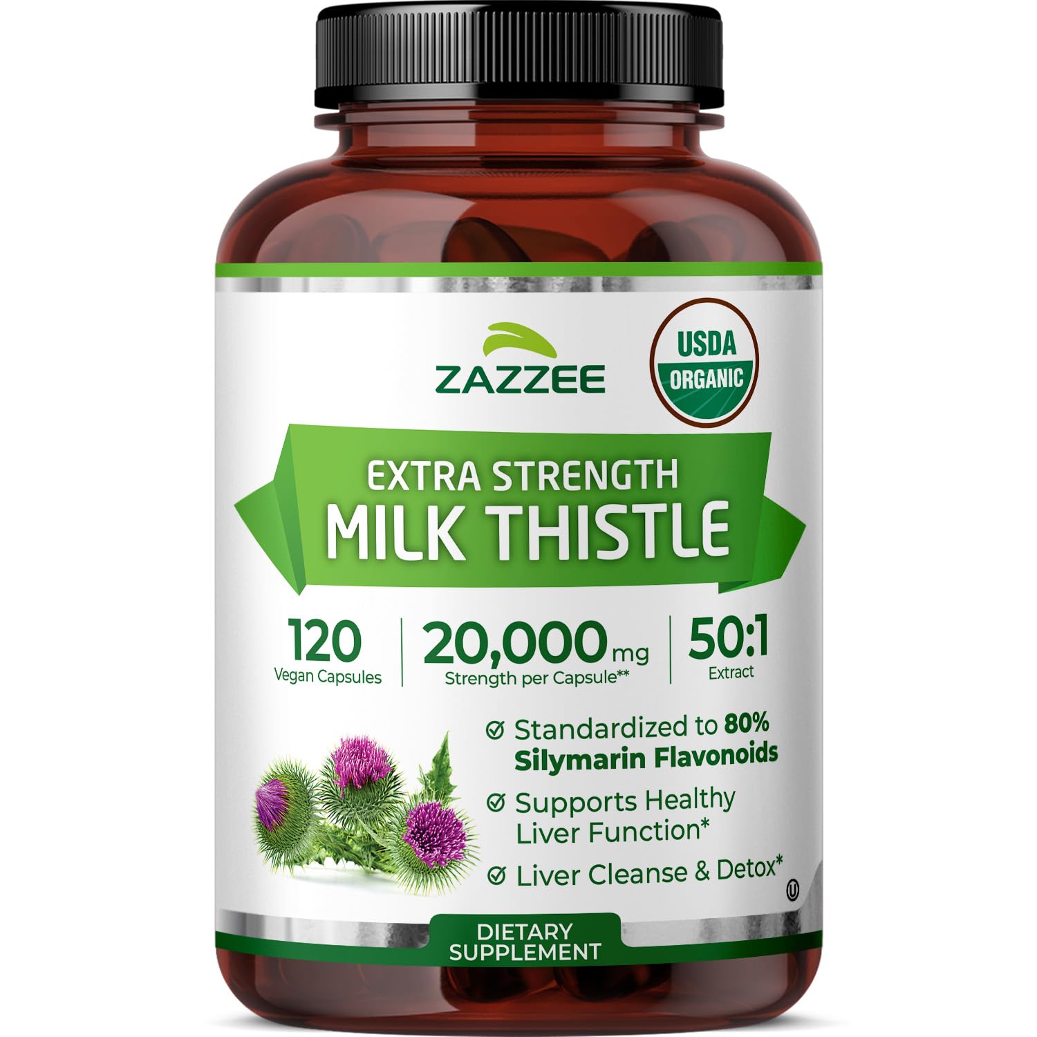 Zazzee USDA Organic Milk Thistle 50:1 Extract, 80% Silymarin Flavonoids, 120 Vegan Capsules, 4 Month Supply, Certified Kosher, Silybum Marianum, Liver Support & Detox Support, All-Natural, Made in USA