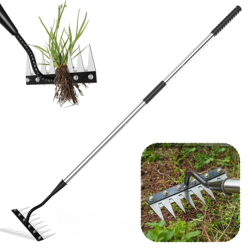 Iron Weeding Rake with Long Handle, Manual Weeder Tool for Garden | Upgraded Rake 8 Teeth Weed Puller Tool, Heavy Duty Weeder Remover Tool for Weeding, Cultivating & Soil Aeration