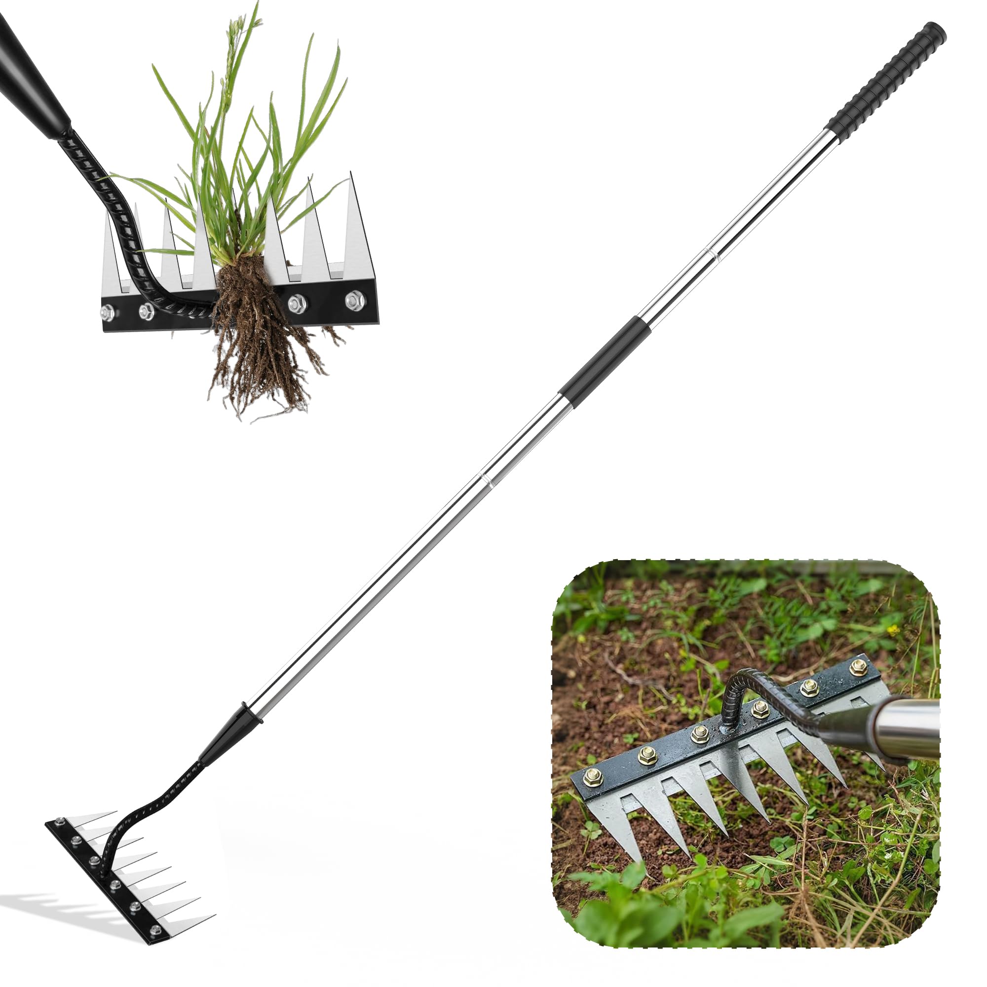 Iron Weeding Rake with Long Handle, Manual Weeder Tool for Garden | Upgraded Rake 8 Teeth Weed Puller Tool, Heavy Duty Weeder Remover Tool for Weeding, Cultivating & Soil Aeration