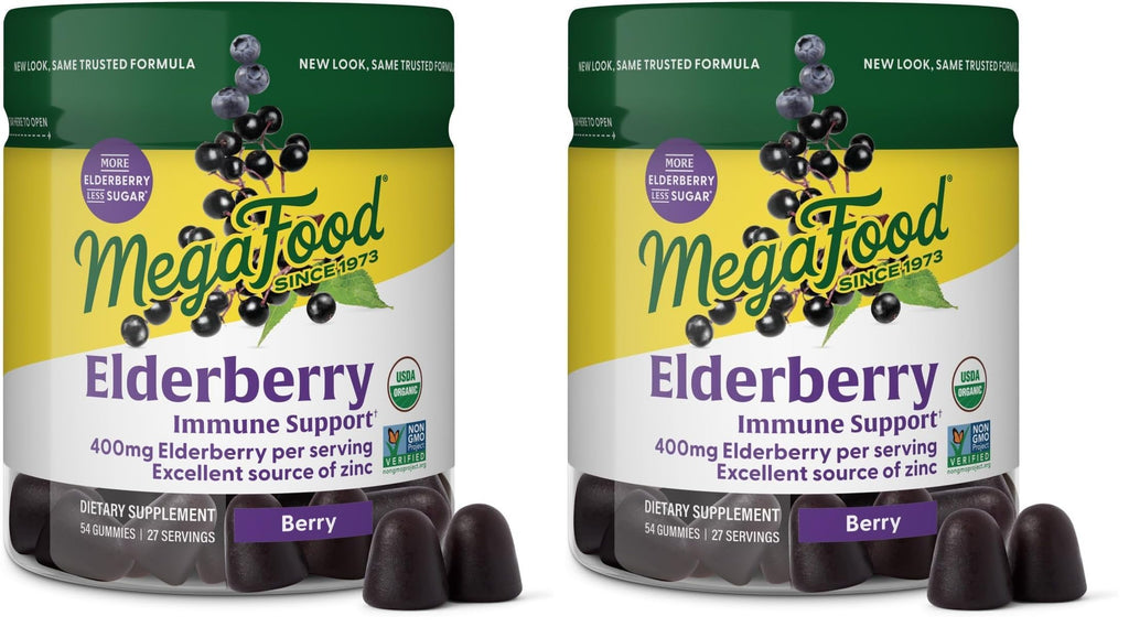 MegaFood Elderberry Immune Support Supplement - Vegan Elderberry Gummies for Adults - Made with Zinc and Real Food - Pectin-Based, Gluten-Free, USDA Organic - 54 Gummies, 27 Servings (Pack of 2)