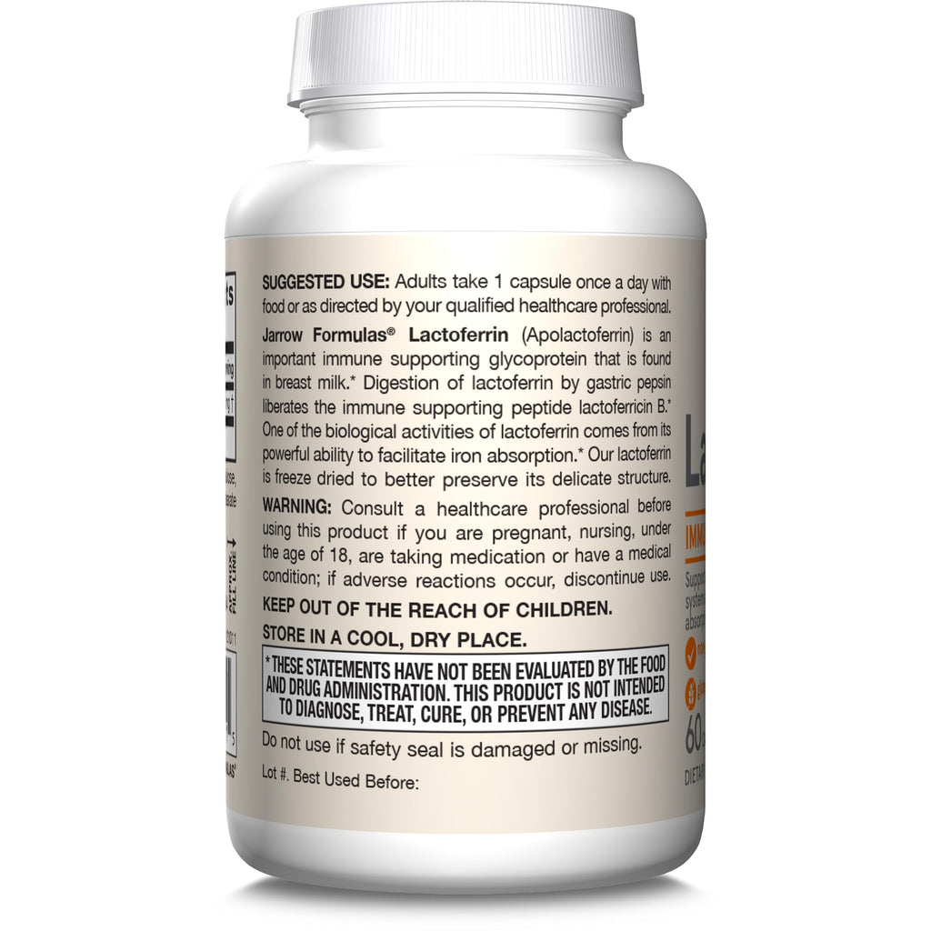Jarrow Formulas Lactoferrin Supplements 250 mg - Immune-Supporting Glycoprotein for Healthy Immune System Support & Iron Absorption - Freeze Dried, Gluten Free, Non-GMO - 60 Capsules (Servings)