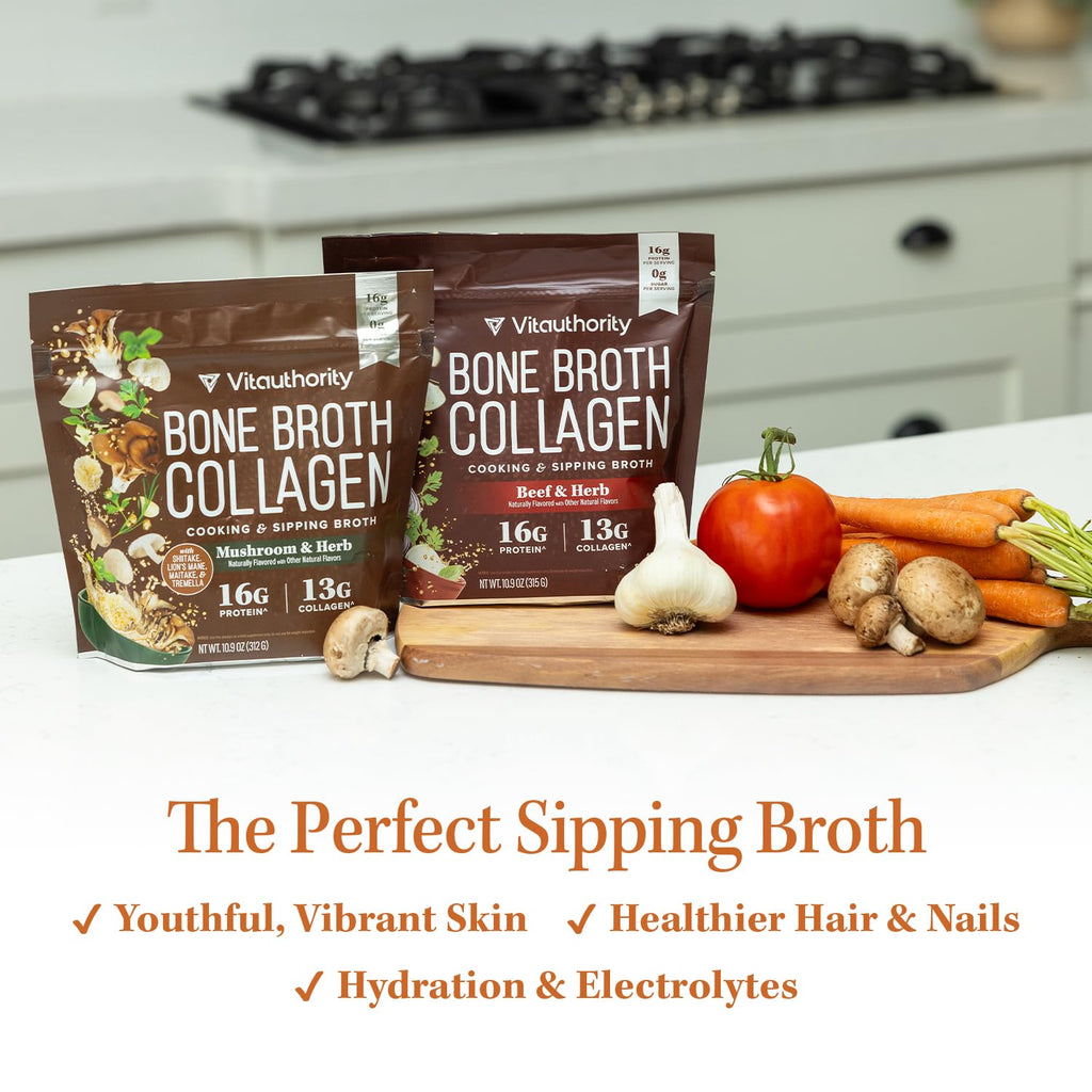 Vitauthority Bone Broth Collagen Delicious Chicken Noodle Flavored - Packed with 16g of Protein & Types I, II, III - Nourishes Skin, Hair, Nails, Joints, & Gut - Beef BoneBroth