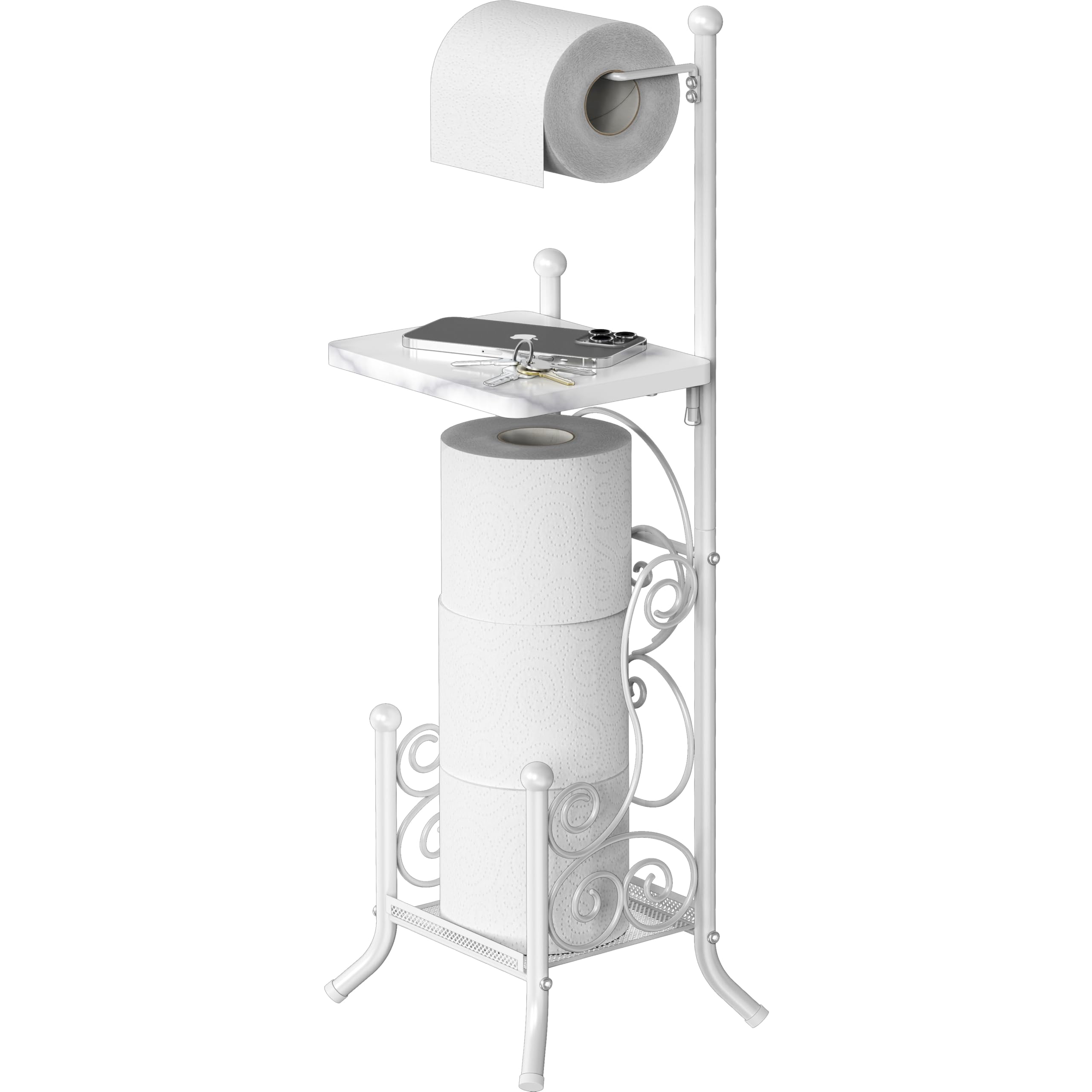 Simple Houseware English Style Bathroom Toilet Tissue Roll Holder Stand with Shelf, Marbled White