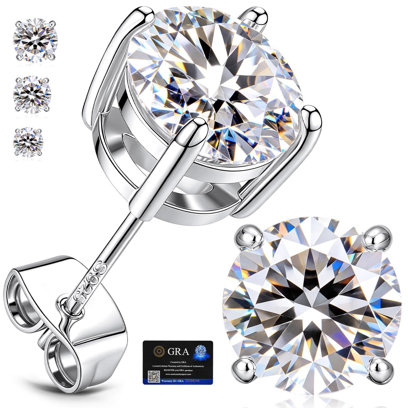 adoyi Moissanite Diamond Stud Earrings for Women Men 925 Sterling Silver Post Hypoallergenic 18K White Gold Plated Flat Back Stud Earring Jewelry Round Cut D Color VVS1 Clarity Gift for Women 2.0CT