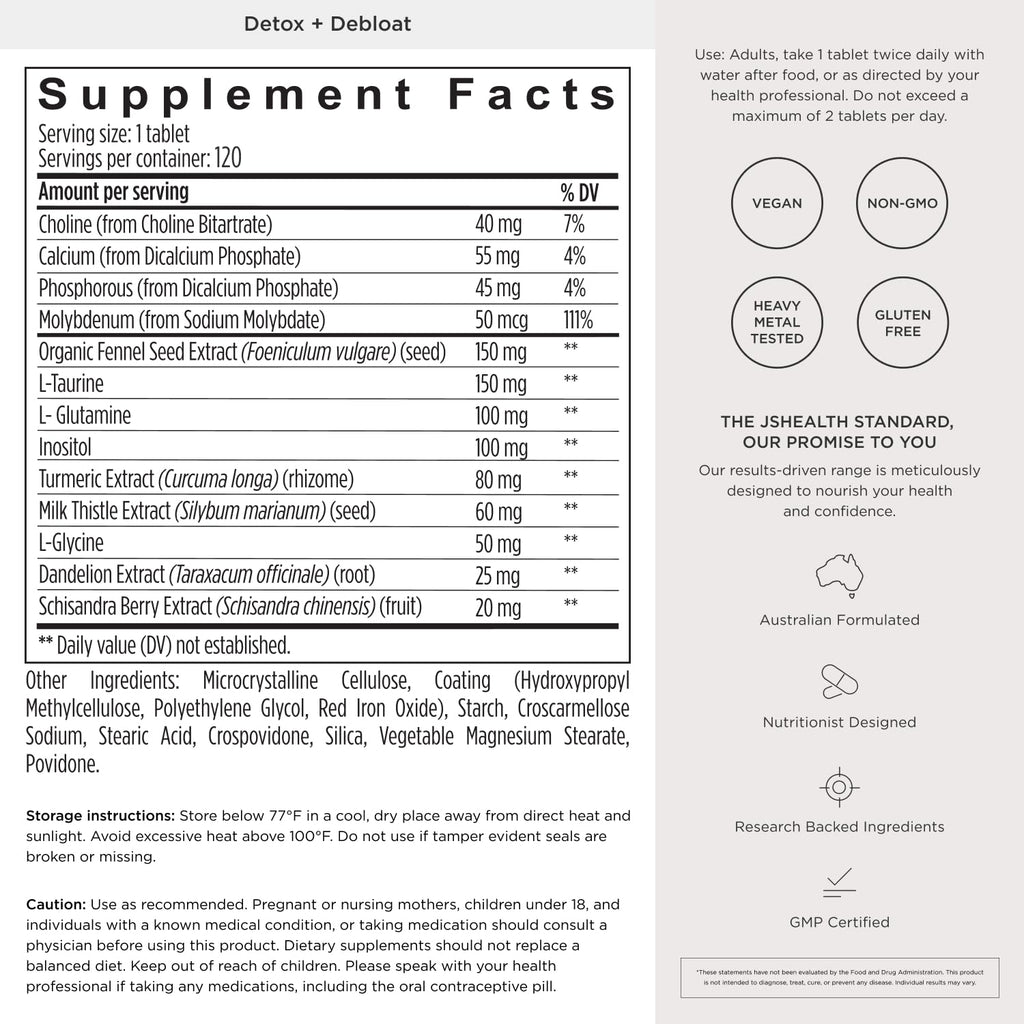 JSHealth Detox + Debloat. Bloating Relief for Women with Milk Thistle, Turmeric, and Fennel. Liver Health and Gut Support. Nutritionist-Formulated (60 Tablets, Pack of 2)