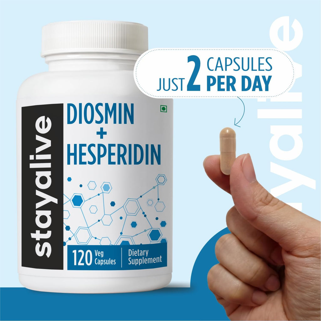 STAY ALIVE Diosmin Hesperidin 1000mg Complex, 120 Count, Citrus Bioflavonoids Rich Fruit Extract, 2 Month Supply, 100% Vegetarian, Non-GMO & Gluten Free Hesperidin and Diosmin Supplement Capsules