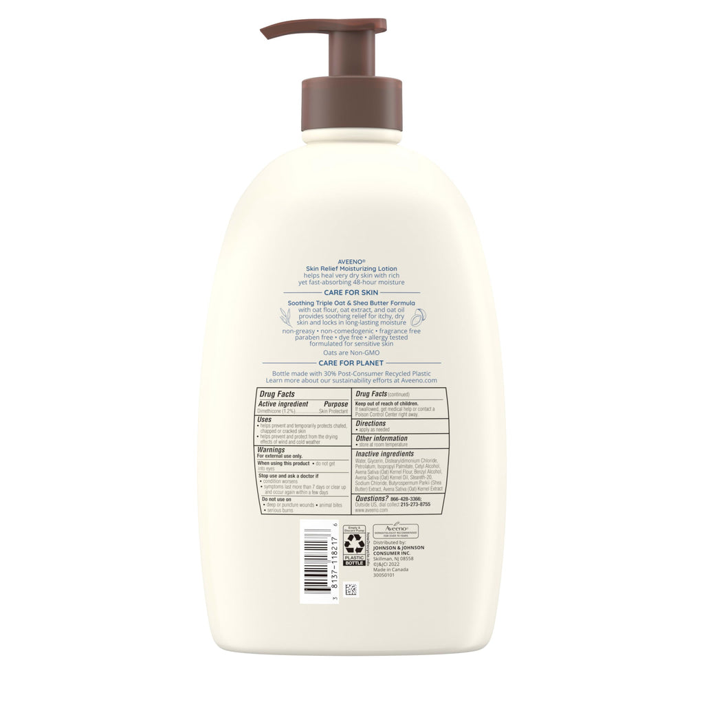 Aveeno Skin Relief Moisturizing Lotion Heals Very Dry, Sensitive Skin, Fast-Absorbing Body Lotion with Triple Oat & Shea Butter, Fragrance Free, Non-Comedogenic, Value Size, 33 fl. oz