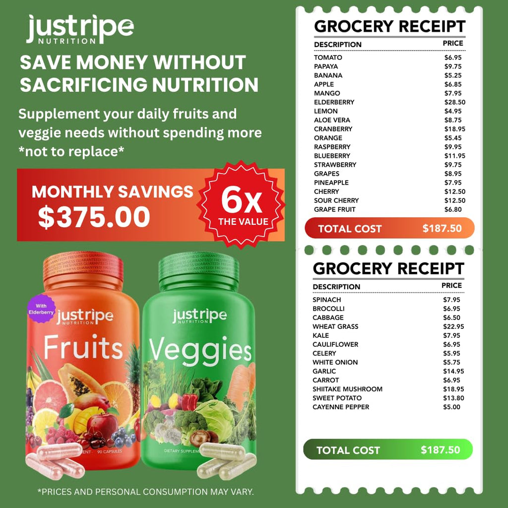 Fruits and Veggies Supplement - 90 Fruit and 90 Vegetable Capsules - 100% Whole Natural Superfood - Filled with Super Greens Vitamins and Minerals - Supports Balance Energy Levels (1 Pack)