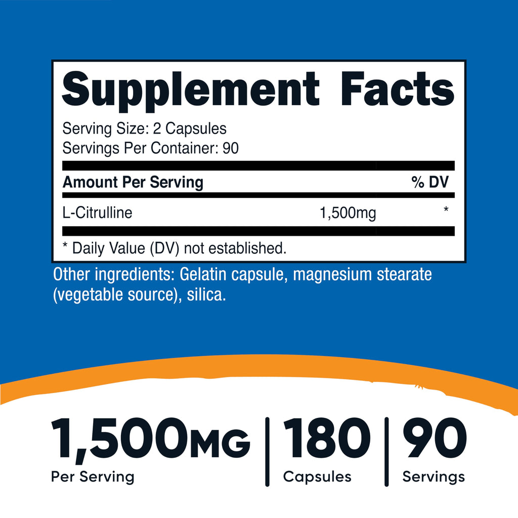 Nutricost L-Citrulline 1500mg, 180 Capsules - 750mg Per Capsule, Gluten Free, Non-GMO, Packaging May Vary