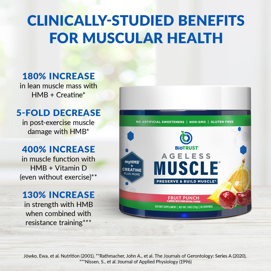 BioTrust Ageless Muscle Builder - Creatine HMB Powder with Vitamin D3 & Betaine - Build & Preserve Naturally Declining Muscle Mass & Strength - Fruit Punch, 60 Servings