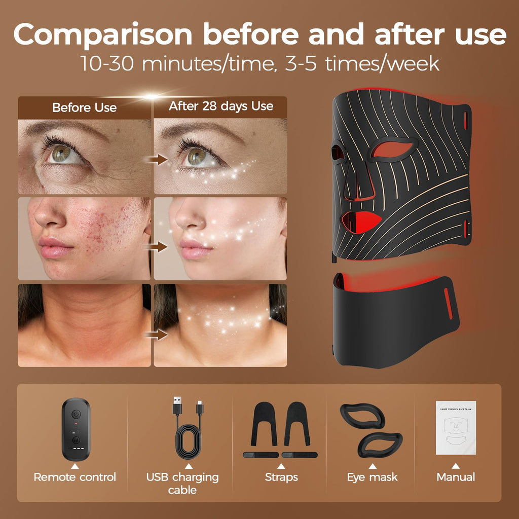 Red Light Therapy for Face,LED Face Mask Light Therapy with Neck Device,103 3-in-1 Light Beads,Remoter Rechargeable,Timing Function,Infrared Red Light Therapy Mask for Home Working Travel Yoga Sleep