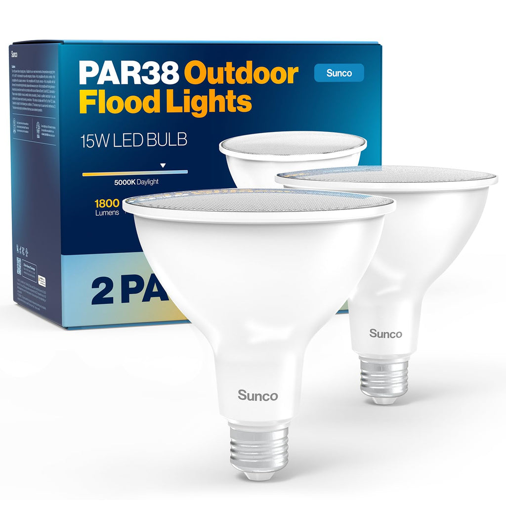 Sunco Outdoor Flood Light Bulbs, PAR38 LED Flood Lights Waterproof, 1800 LM, 15W (150W Equivalent), 5000K Daylight, Dimmable, E26 Base, Wet Rated, for Porch Landscape Driveway Garage Yard, UL 2 Pack.