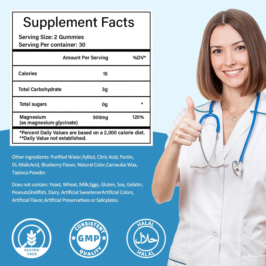 Magnesium Glycinate Gummies 500mg, Sugar-Free for Adults & Kids, Magnesium Gummies for Sleep, Stress & Muscle Relief, Supports Bone & Nerve Health, Vegan, Pectin-Based, 60 Count, Blueberry Flavor