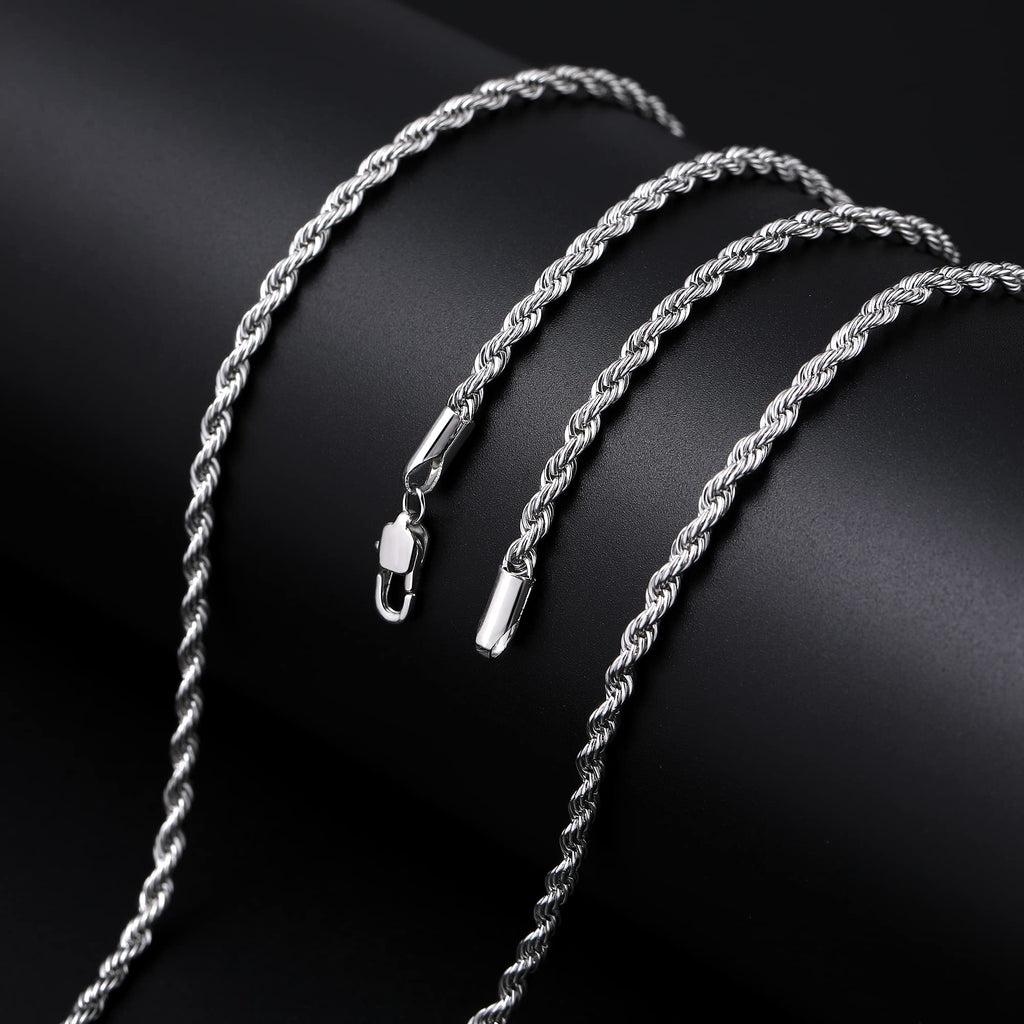 Fiusem Silver Chain Necklace for Men 3mm Stainless Steel Rope Chain 24 Inch